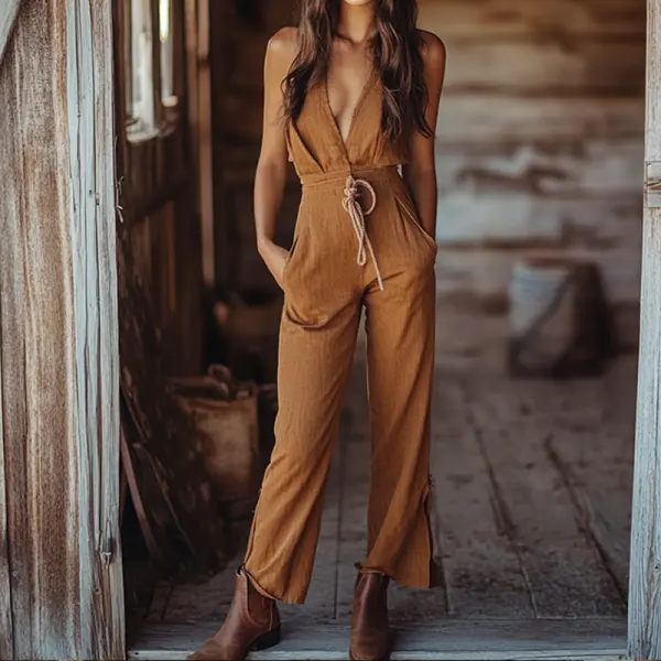 Women's Western Cowboy V-neck Cotton And Linen Jumpsuit - Wayrates.com 