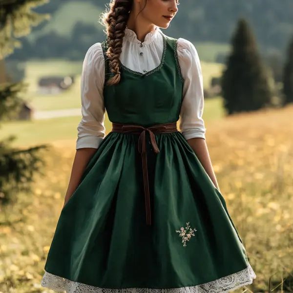 Women's Vintage Oktoberfest Dirndlkleid Samt Grün Belt Lace Dress - Elementnice.com 