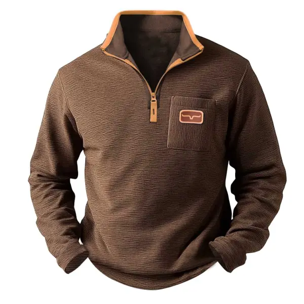 Men's Vintage Western Cowboy Chest Pocket Quarter-Zip Stand Collar Long Sleeve Sweatshirt - Menzfolk.com 