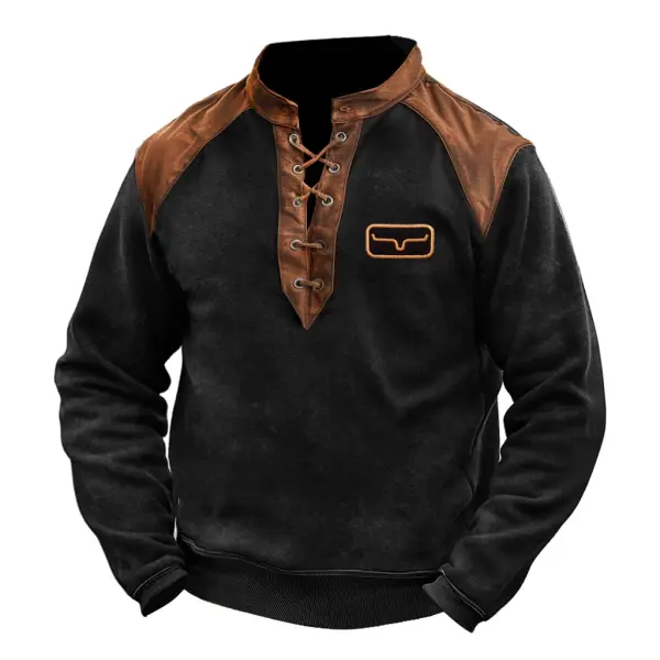 Men's Vintage Western Cowboy Patchwork Suede Lace-up Stand Collar Long Sleeve Sweatshirt - Menzfolk.com 