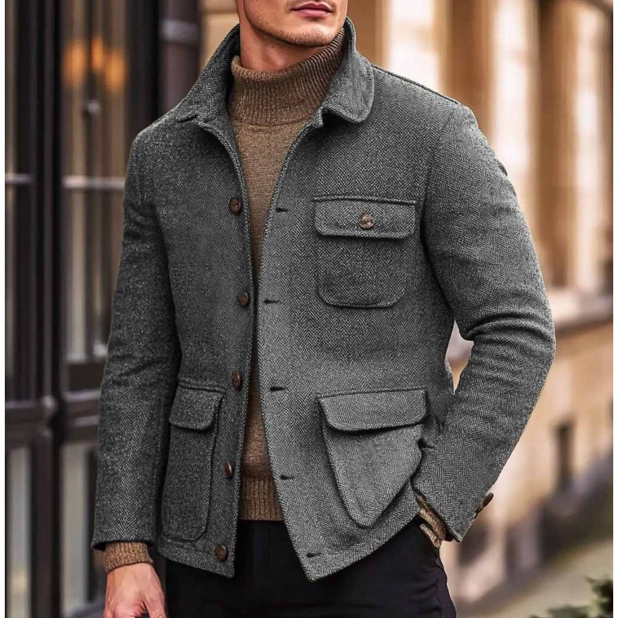 

Men's Vintage Herringbone Pocket Lapel Outdoor Jacket