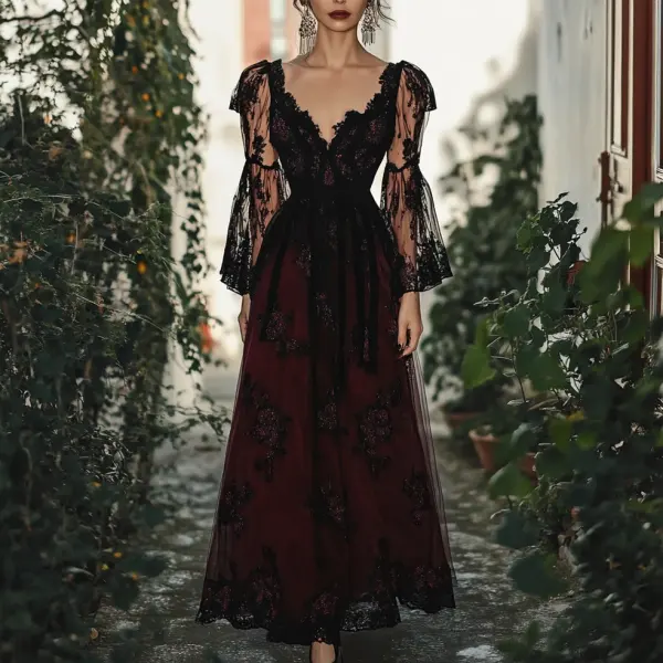 Ladies Vintage Double-decker Dark Red Floral Print Brown Lace Western Style V-neck Rustic Boho Dress - Wayrates.com 