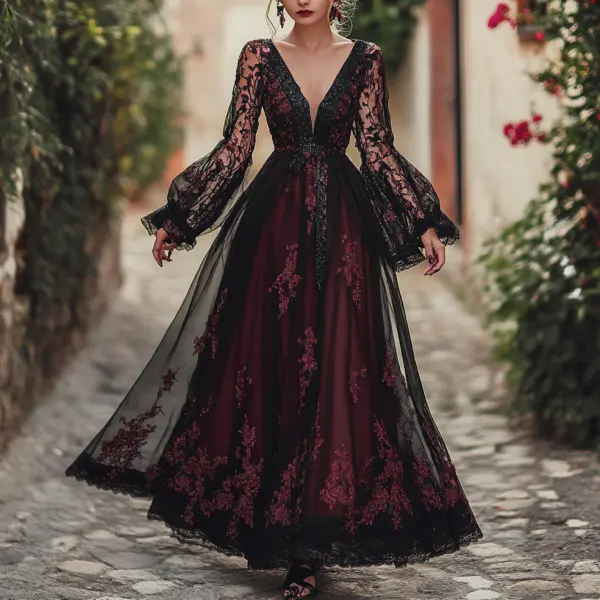 Ladies Vintage Double-decker Dark Red Floral Print Brown Lace Western Style Deep V-neck Rustic Boho Dress - Wayrates.com 