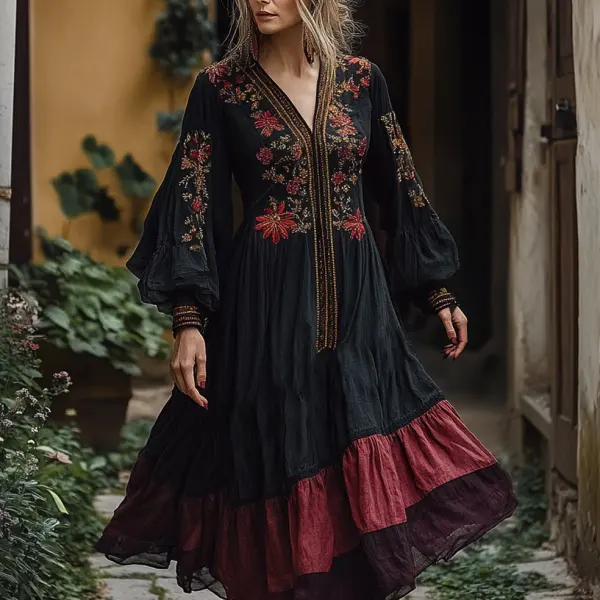 Ladies Vintage Patchwork Black Floral Print Brown Lace Western Style V-neck Rustic Boho Dress - Wayrates.com 