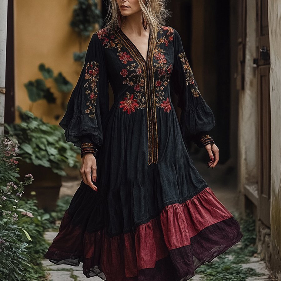 

Ladies Vintage Patchwork Black Floral Print Brown Lace Western Style V-neck Rustic Boho Dress