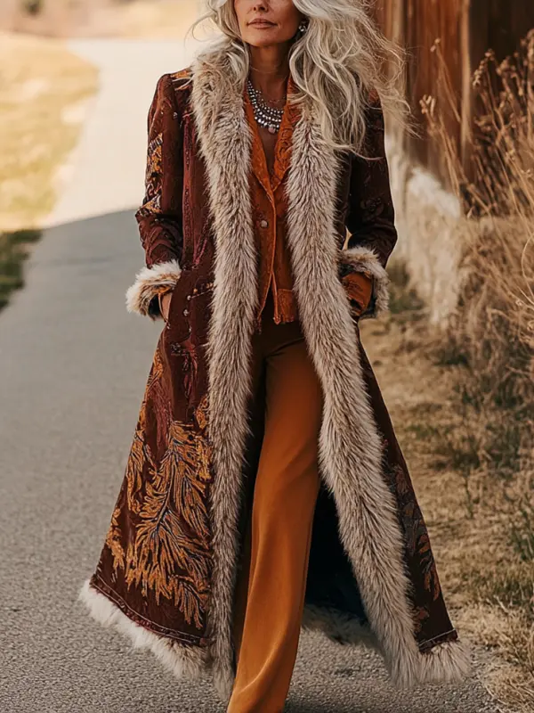 Women's Vintage Ethnic Style Printed Fur Patchwork Suede Long Afghan Coat - Pragmaace.com 