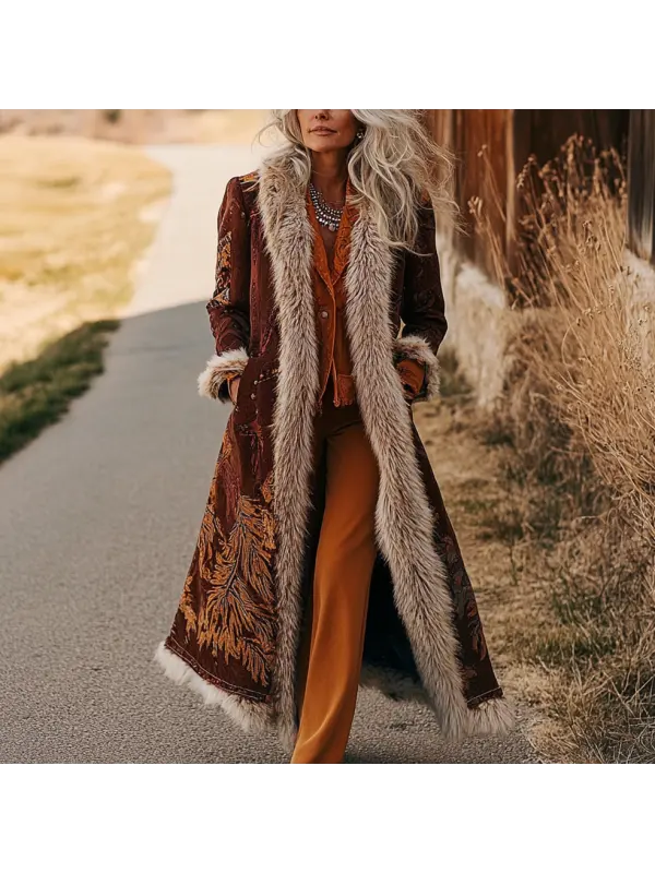 Women's Vintage Ethnic Style Printed Fur Patchwork Suede Long Afghan Coat - Realyiyi.com 