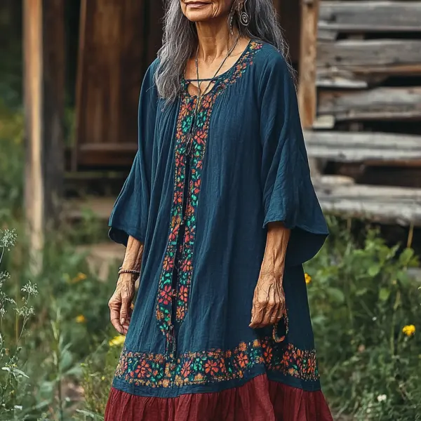 Women's Vintage Indigo National Print Splicing Color Cotton And Linen Dress - Wayrates.com 