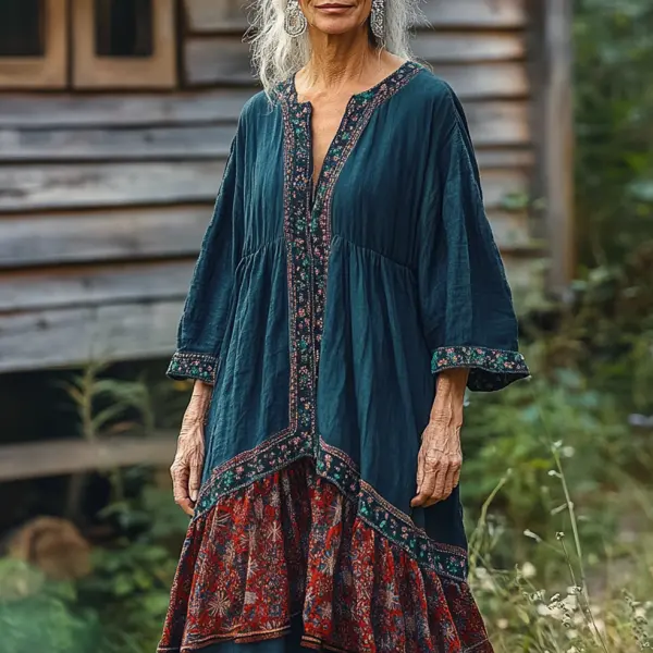 Women's Vintage Indigo National Print Splicing Color Cotton And Linen Dress - Wayrates.com 