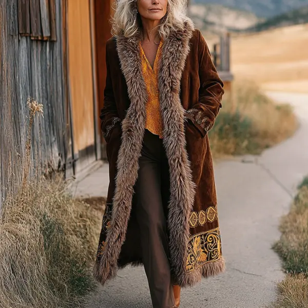 Women's Vintage Ethnic Style Printed Fur Patchwork Suede Long Coat - Cotosen.com 