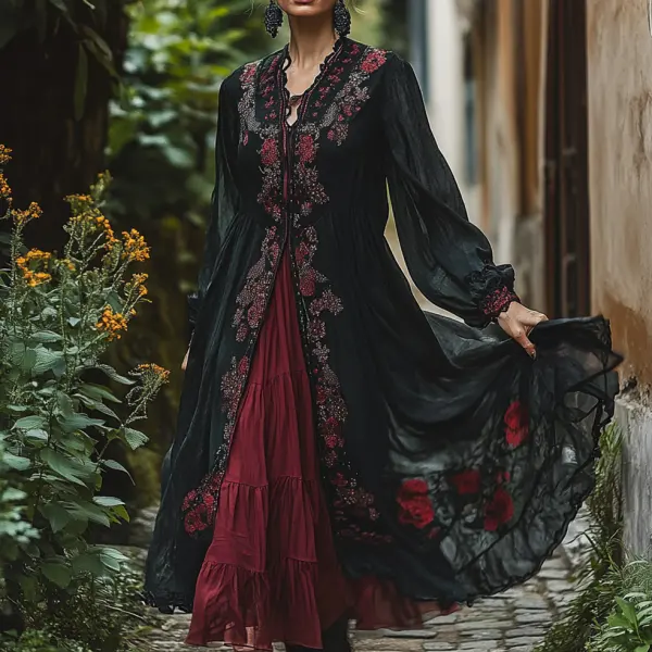 Ladies Vintage Double-decker Dark Red Floral Print Brown Lace Western Style V-neck Rustic Boho Dress - Wayrates.com 