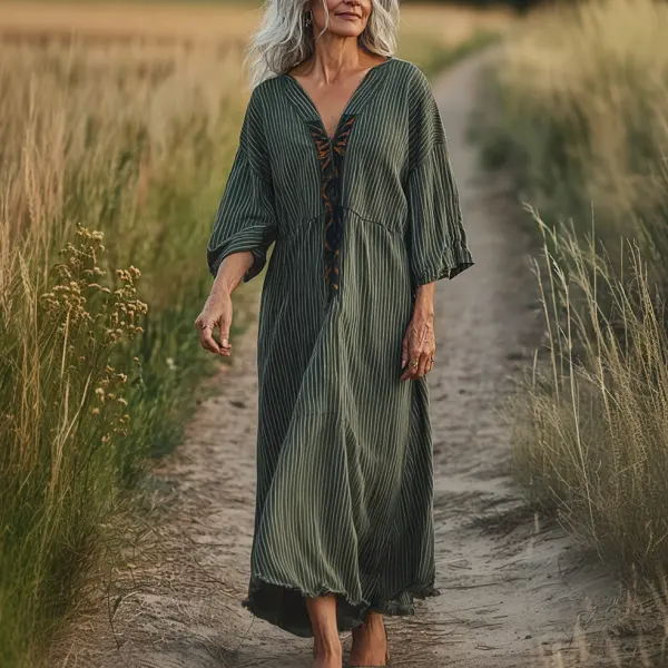 Women's Vintage Army Green Striped Print Cotton And Linen Country Bohemian Dress - Wayrates.com 