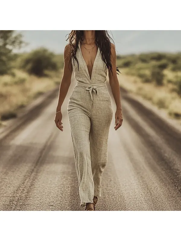 Women's Western Cowboy Long Sleeved Dark Blue Pocket Khaki Deep V-neck Thin And Light Linen Jumpsuit - Realyiyishop.com 