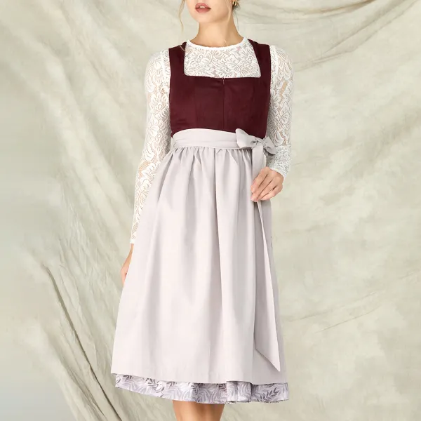 Women's Vintage Oktoberfest Leaf Print Bow Square Neck Burgundy Dirndl Dress No Lace Top Included - Wayrates.com 