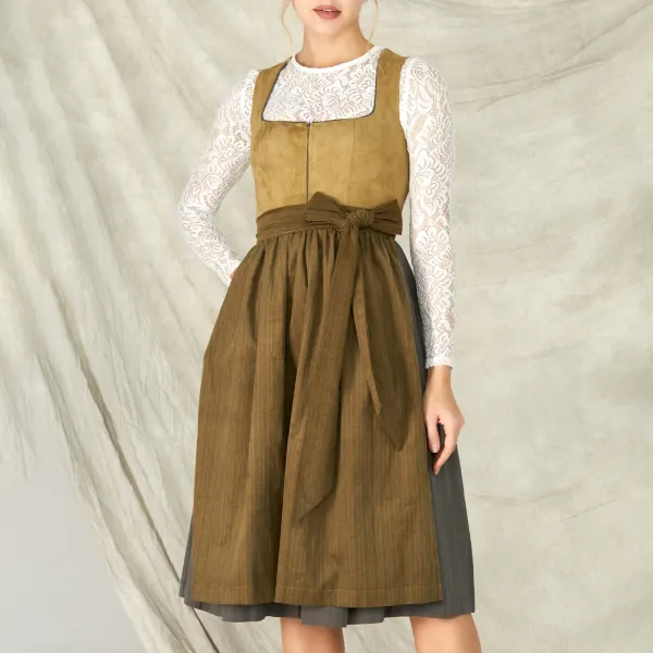 Women's Vintage Oktoberfest Bow Square Neck Earthy Dirndl Dress No Lace Top Included - Wayrates.com 