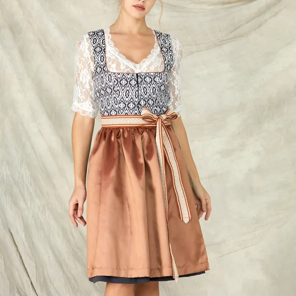 Women's Vintage Oktoberfest Geometric Pattern Bow Square Neck Pink Orange Dirndl Dress No Lace Top Included - Wayrates.com 