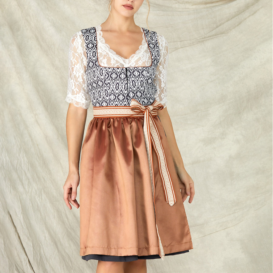 

Women's Vintage Oktoberfest Geometric Pattern Bow Square Neck Pink Orange Dirndl Dress No Lace Top Included