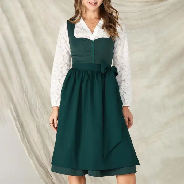 Women's Vintage Oktoberfest Bow Square Neck Dark Green Dirndl Dress No Lace Top Included - Wayrates.com 