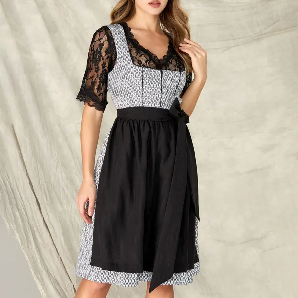 Women's Vintage Oktoberfest Geometric Print Bow Square Neck Black Dirndl Dress No Lace Top Included - Wayrates.com 