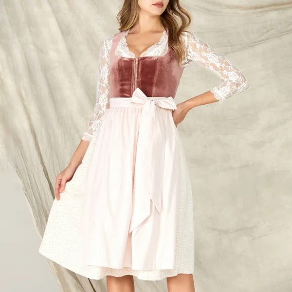 Women's Vintage Oktoberfest Velvet Bow Square Neck Light Pink Dirndl Dress No Lace Top Included - Elementnice.com 