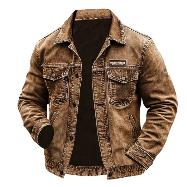 Men's Vintage Yellowstone Jacket Rip Multi-Pocket Distressed Lapel Outdoor Jacket - Dozenlive.com 