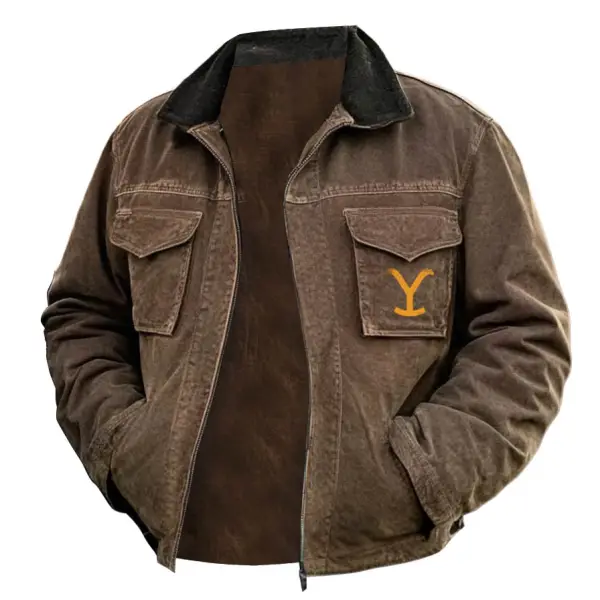 Men's Vintage Yellowstone Jacket Rip Multi-Pocket Lapel Outdoor Zip Jacket - Rabclub.com 