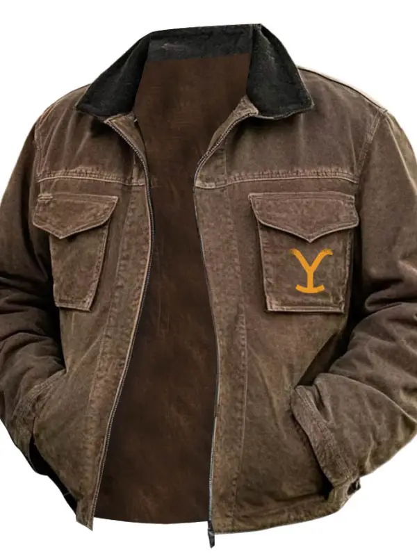 Men's Vintage Yellowstone Jacket Rip Multi-Pocket Lapel Outdoor Zip Jacket - Menwyx.com 