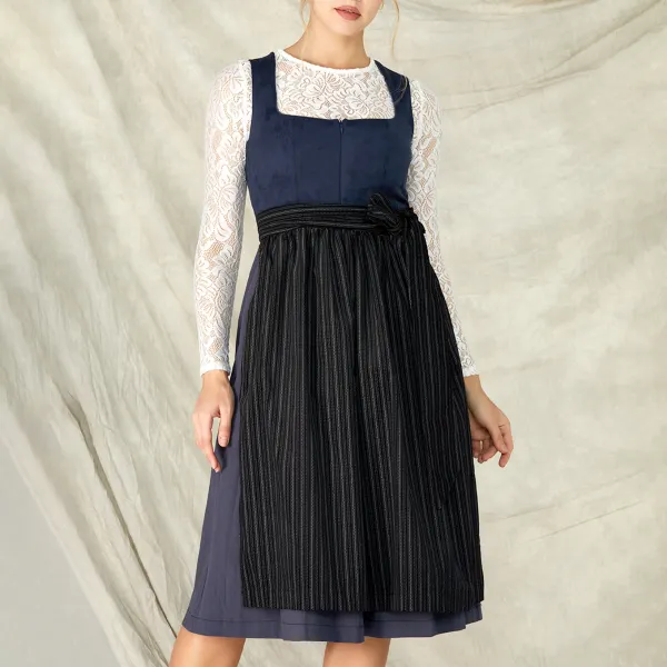 Women's Vintage Oktoberfest Vertical Stripe Bow Square Neck Navy Dirndl Dress No Lace Top Included - Wayrates.com 