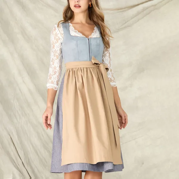 Women's Vintage Oktoberfest Bow Square Neck Light Blue Dirndl Dress No Lace Top Included - Elementnice.com 