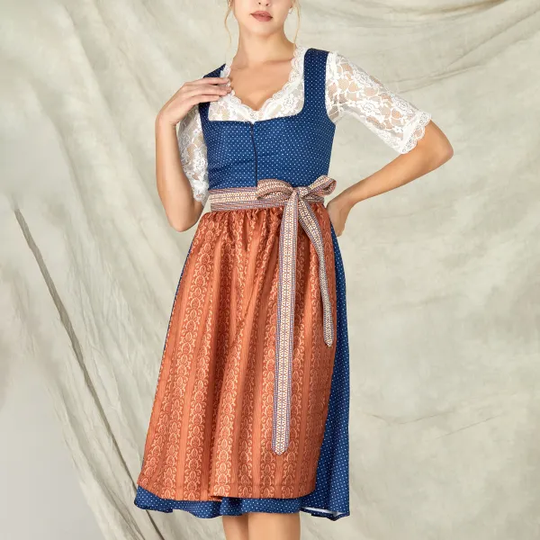 Women's Vintage Oktoberfest Polka Dot Print Bow Square Neck Blue Dirndl Dress No Lace Top Included - Wayrates.com 