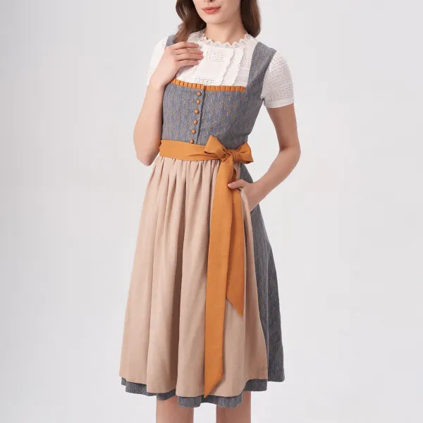 Women's Vintage Oktoberfest Printed Bow Square Neck Gray Dirndl Dress No Lace Top Included - Wayrates.com 