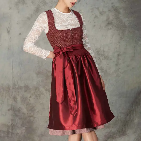 Women's Vintage Oktoberfest Bow Square Neck Red Dirndl Dress No Lace Top Included - Elementnice.com 