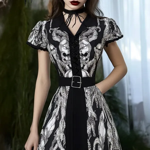 Ladies Vintage Halloween Skull Print Button Lace-up Gothic Dress - Elementnice.com 