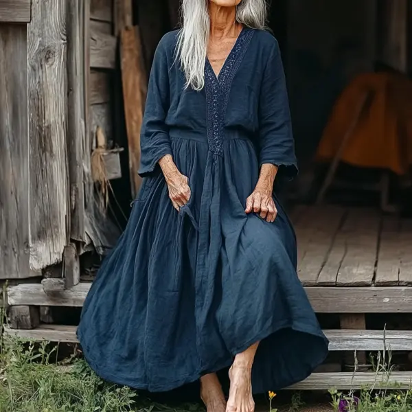 Women's Vintage Indigo National Print Splicing Color Cotton And Linen Dress - Wayrates.com 