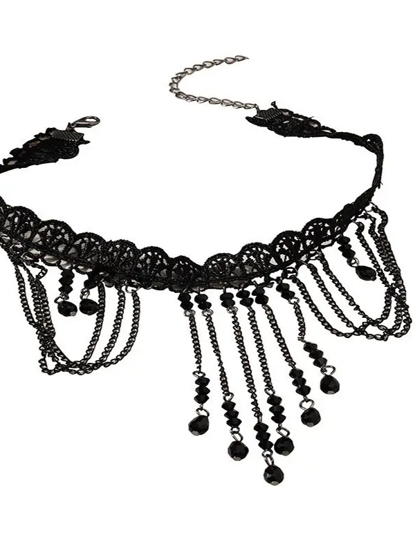 Ladies Vintage Halloween Goth Lace Fringe Pendant Choker - Pragmaace.com 