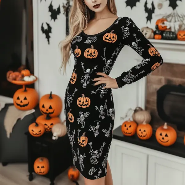 Ladies Vintage Halloween Pumpkin Skull Print Wrap Hip Knit Dress - Elementnice.com 