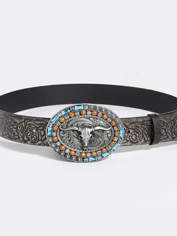Ladies Vintage Western Cowgirl Turquoise Carved Sheep 's-head Texture Belt - Wantbright.com 