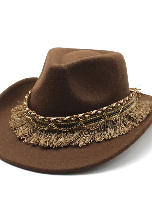 Unisex Fall Vintage Western Cowboy Woolen Tassel Sun Protection Wide Brim Hat - Pragmaace.com 