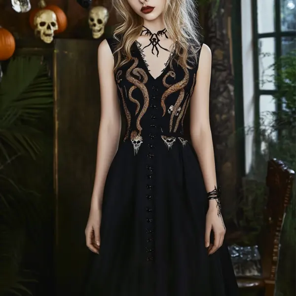 Ladies Vintage Halloween Skull Print Button Lace Gothic Maxi Dress - Elementnice.com 