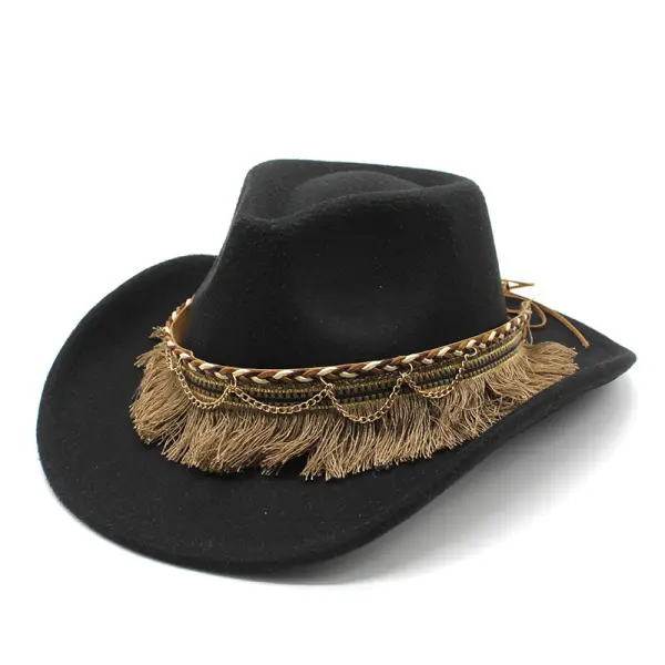 Unisex Fall Vintage Western Cowboy Woolen Tassel Sun Protection Wide Brim Hat - Dozenlive.com 