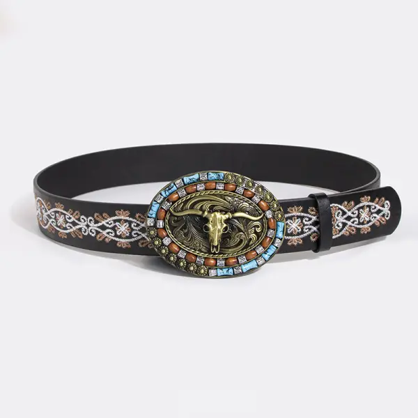 Ladies Vintage Western Cowgirl Turquoise Carved Sheep 's-head Texture Belt - Elementnice.com 