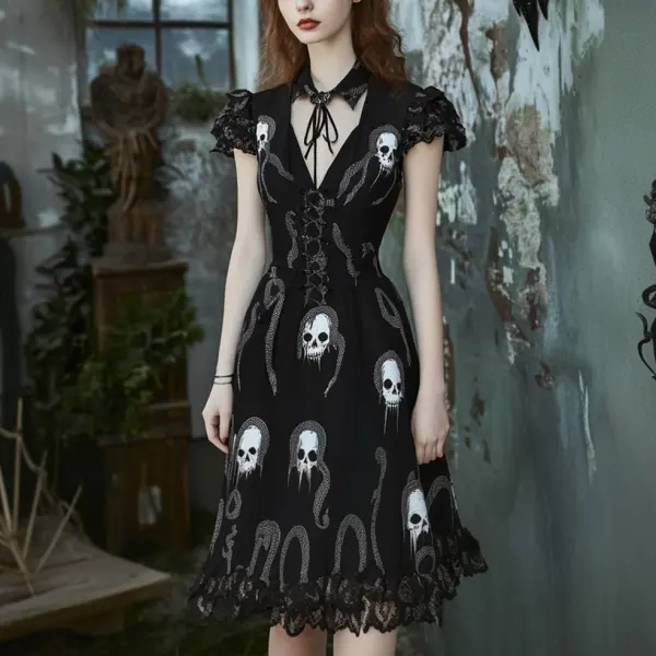 Ladies Vintage Halloween Skull Print Button Lace-up Gothic Dress - Elementnice.com 