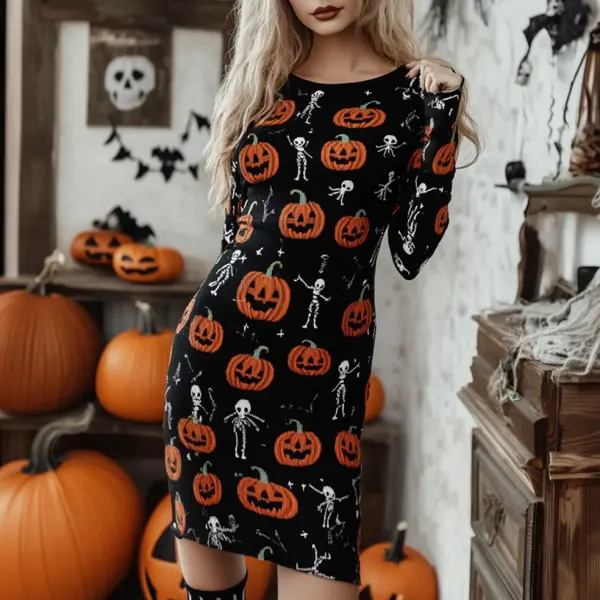 Ladies Vintage Halloween Pumpkin Skull Print Wrap Hip Knit Dress - Elementnice.com 