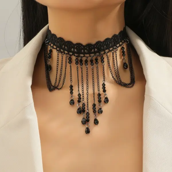 Ladies Vintage Halloween Goth Lace Fringe Pendant Choker - Wayrates.com 