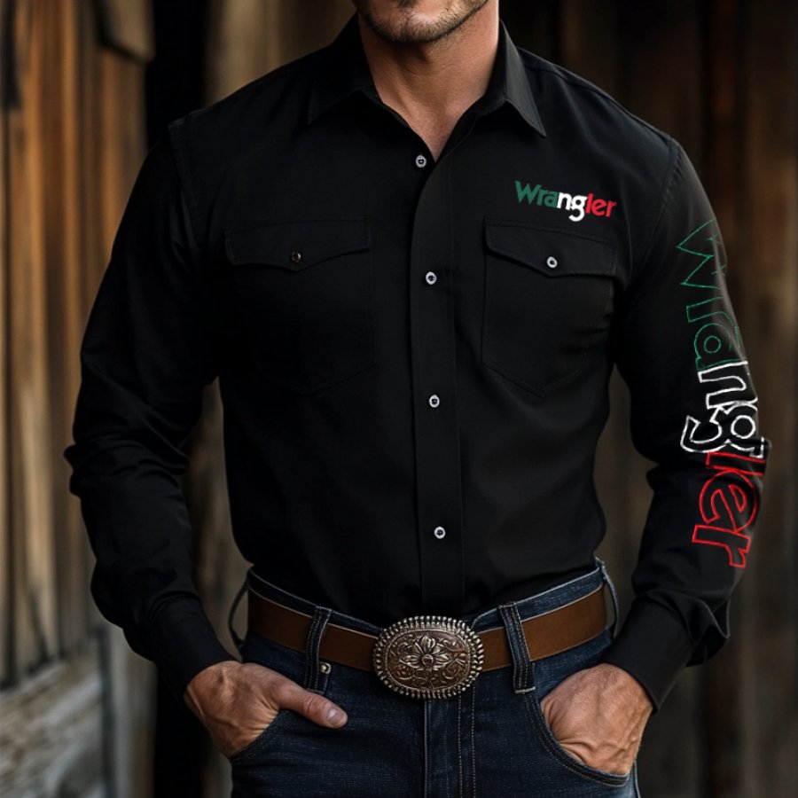 

Men's Western Cowboy Outdoor PBR Teams Long Sleeved Black Solid Color Collar Shirts