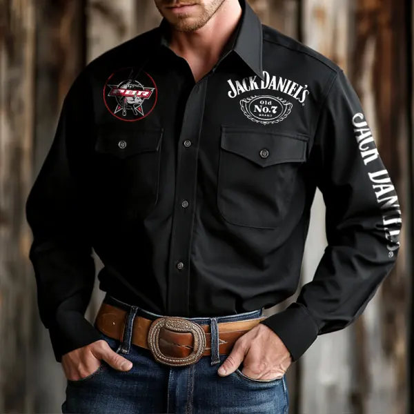 Men's Western Cowboy Outdoor PBR Teams Black Long Sleeved Collar Shirts - Mobivivi.com 