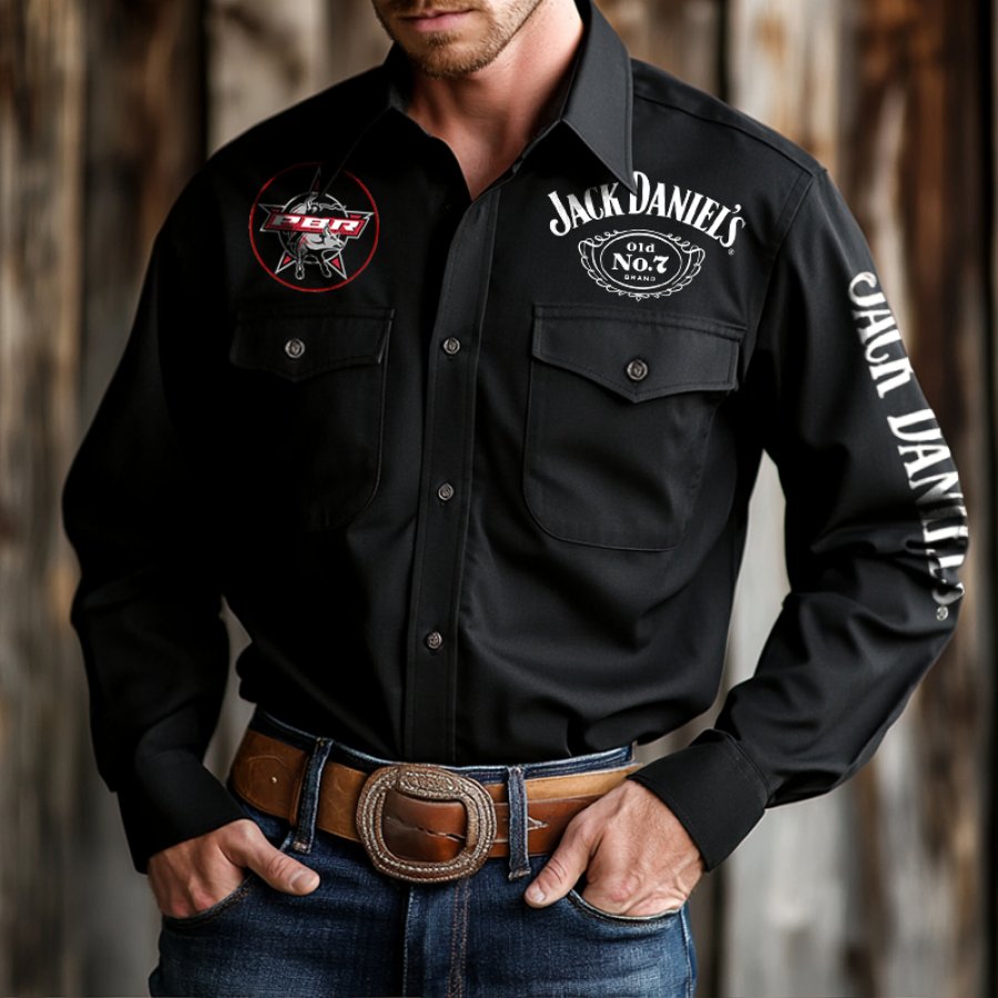 

Men's Western Cowboy Outdoor PBR Teams Black Long Sleeved Collar Shirts