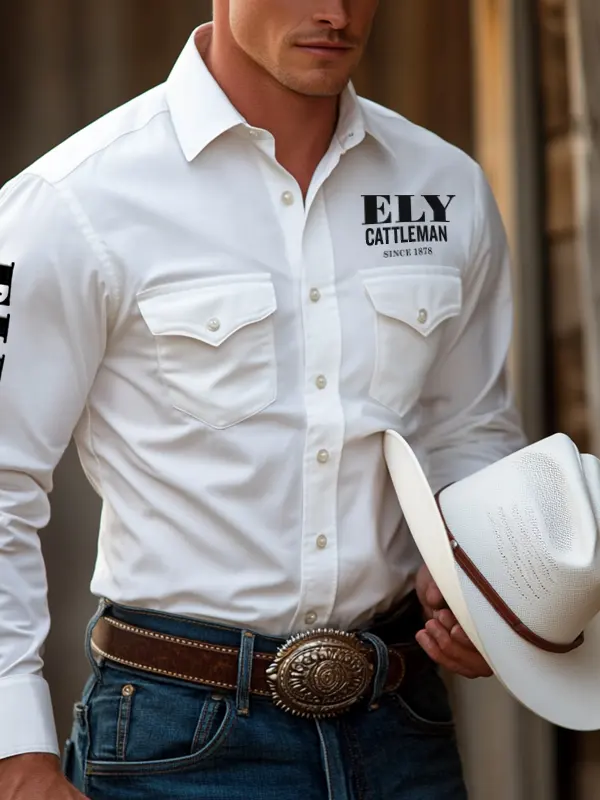 Men's West Cowboy Outdoor PBR Teams White Long Sleeved Collar Shirts - Menwyx.com 