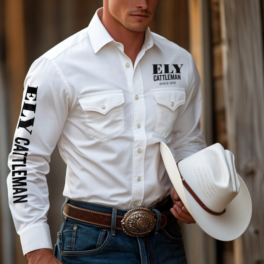 

Men's West Cowboy Outdoor PBR Teams White Long Sleeved Collar Shirts