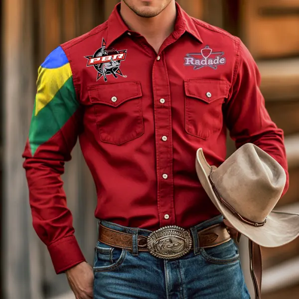 Men's West Cowboy Outdoor PBR Teams Red Pocket Long Sleeved Collar Shirts - Bustalent.com 